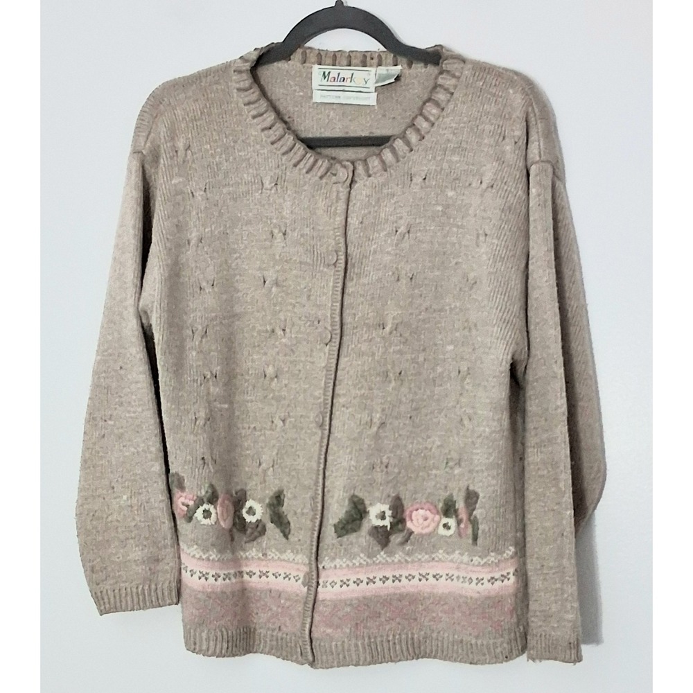 Malarkey Cardigan Size Large Embroidered Floral Beige Pink Sweater Button Up Vtg